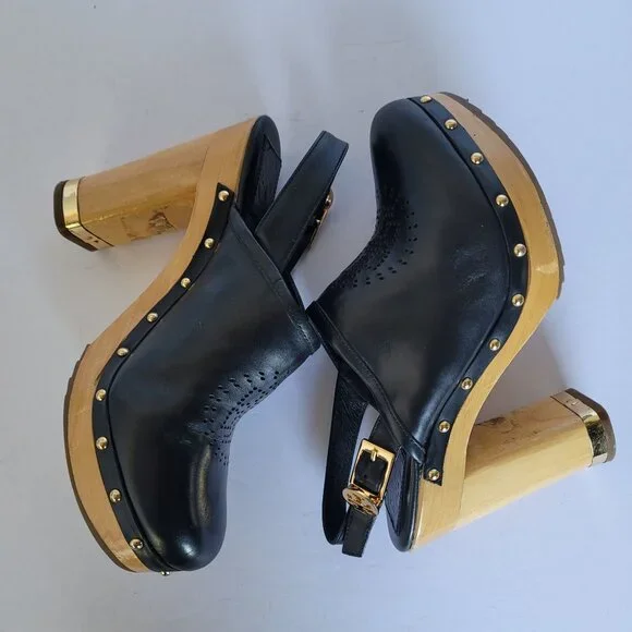 Tory Burch Brayden Perforated Leather Logo Slingback Wood Clogs. Size 7.5M - Picture 4 of 11